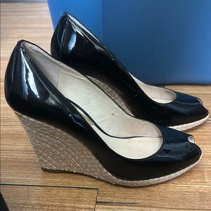 Michael Kors Black and Tan Wedge Peep-Toe Pumps